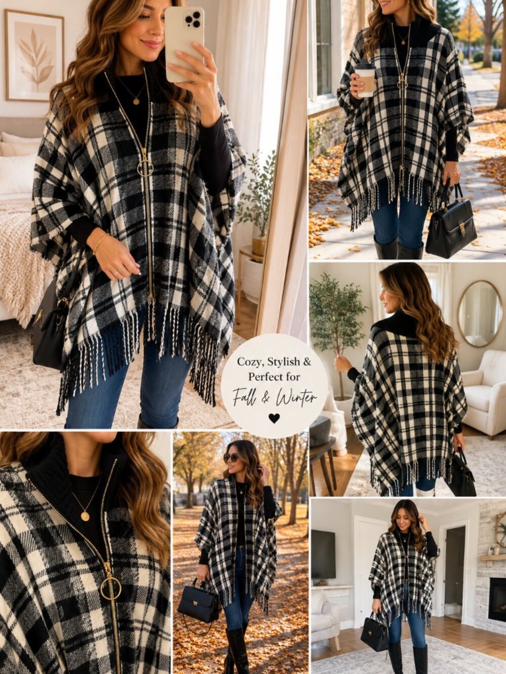 Modena Black White Plaid Zip Front Poncho Cape One Size